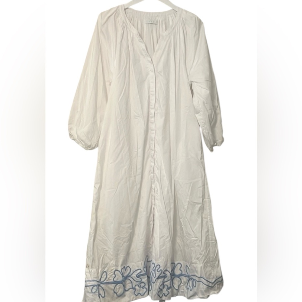 White Maxi Shirt Dress with Blue Embroidered Hem - Picture 4 of 5